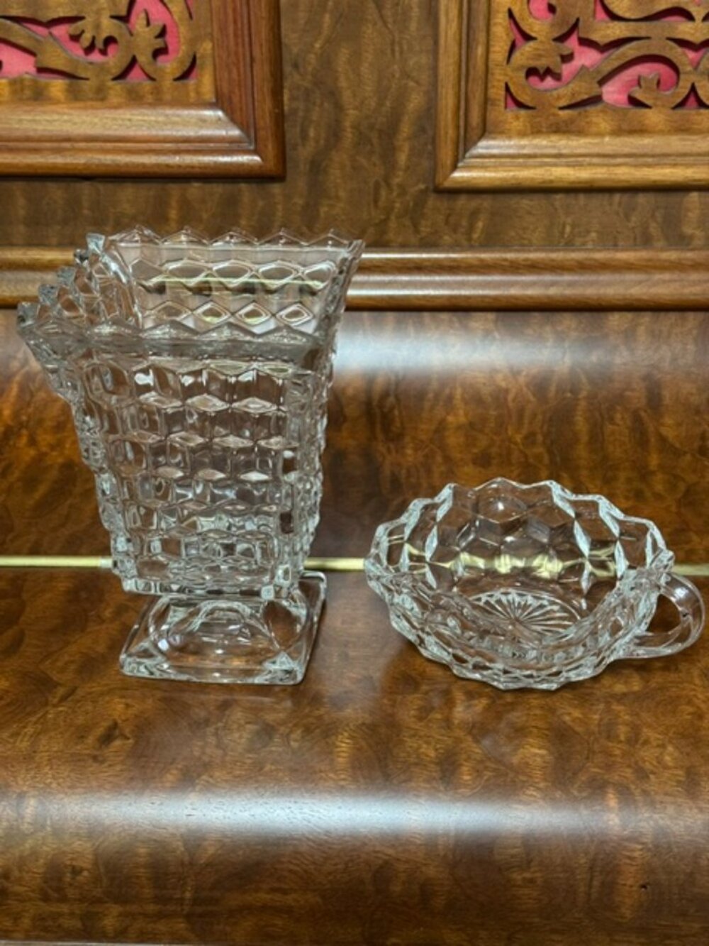 Vintage Fostoria "American" pattern pressed glass Footed Vase and Nappy Dish